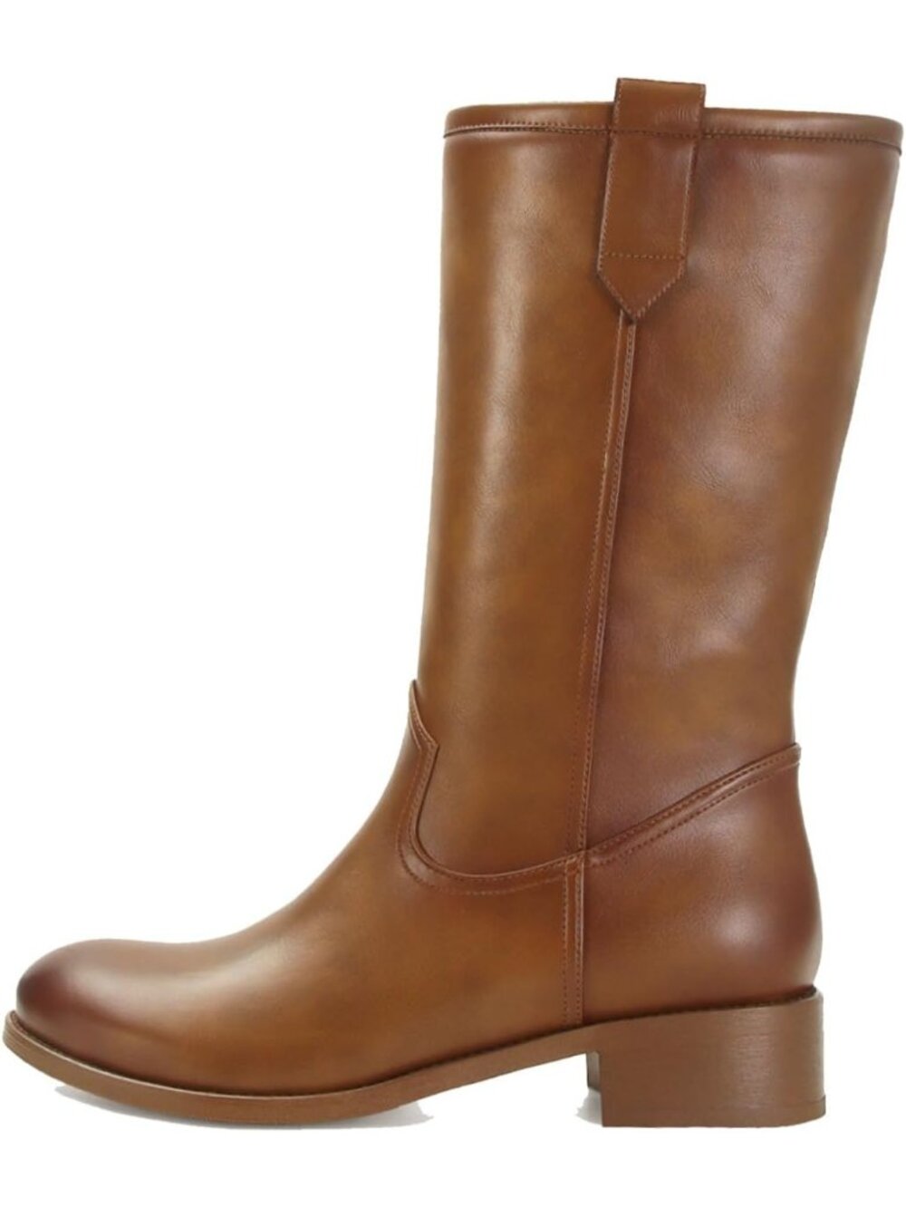 Women's Light Brown Mid Calf Chunky Block Heel Pull On Boots Round Toe Boots
